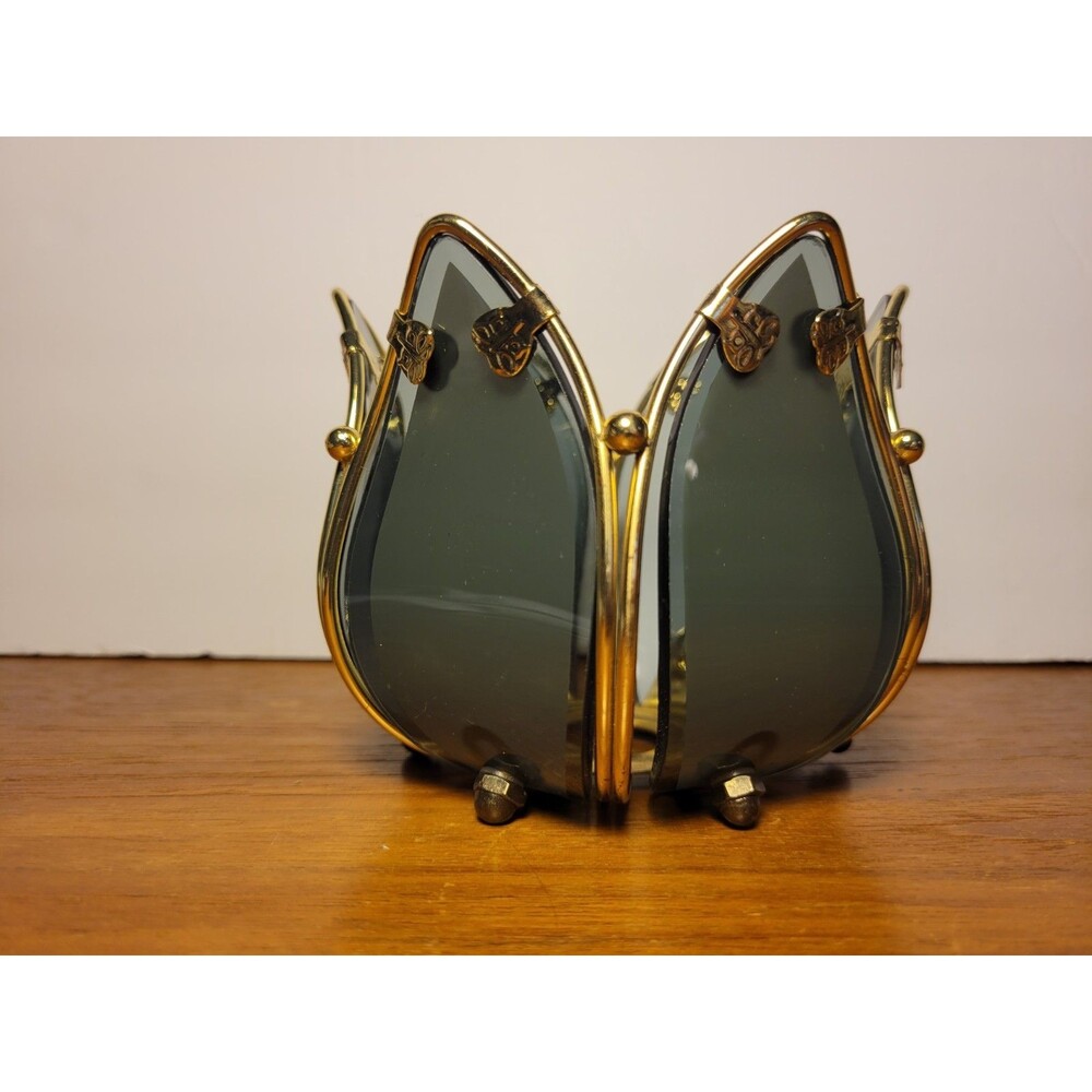 PartyLite Lotus Tealight Votive Candle Holder Smoky Grey Glass Brass 4” - Picture 3 of 10